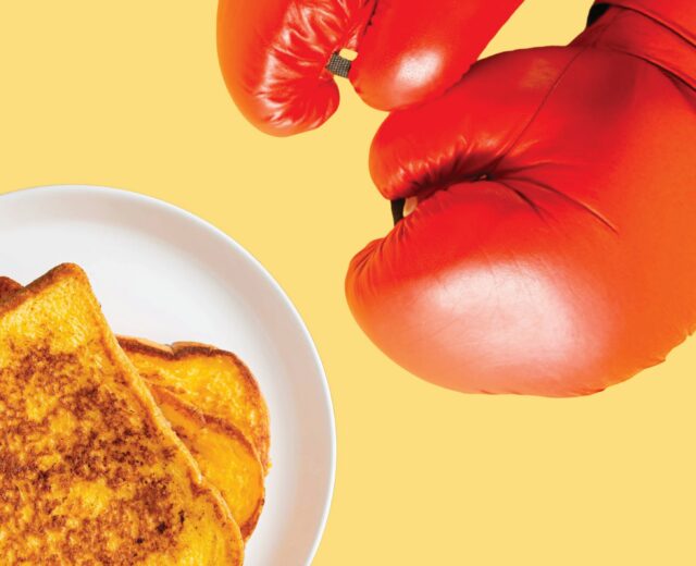 photo of punhcing gloves and a plate of french toast