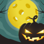 graphic of a jack o lantern with a moon in the background that is a pickleball